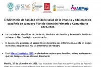 El Ministerio de Sanidad olvida la salud de la infancia y adolescencia española en su nuevo Plan de Atención Primaria y Comunitaria 2022-2023